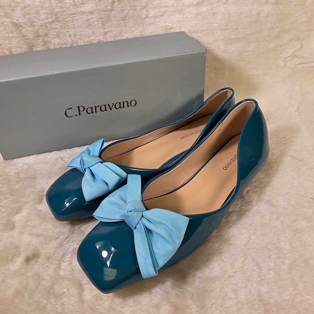 C.Paravano Ballet Flats Teal Blue Patent Leather Bow Square Toe Womens 41 10 NEW